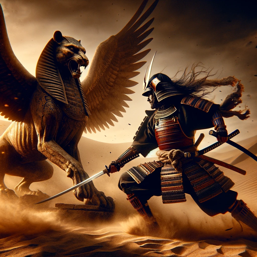 DALL·E 2024-02-17 16.21.07 - An epic scene where a samurai, clad in traditional armor, is engaging in a fierce battle with a Sphinx. The samurai wields a katana, his stance exudin.webp