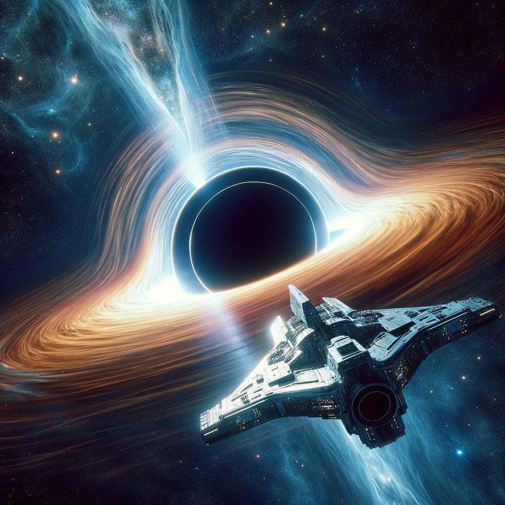 DALL·E 2024-02-17 16.19.52 - A breathtaking scene of a colossal spaceship navigating close to a black hole. The spaceship is designed with futuristic technology, featuring sleek l.webp