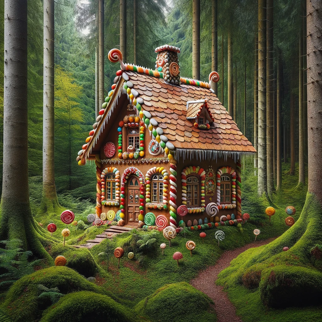 DALL·E 2024-02-17 16.06.24 - A small, charming candy house located in the midst of a German forest. The house is made entirely of various sweets_ its walls are gingerbread, the ro.webp